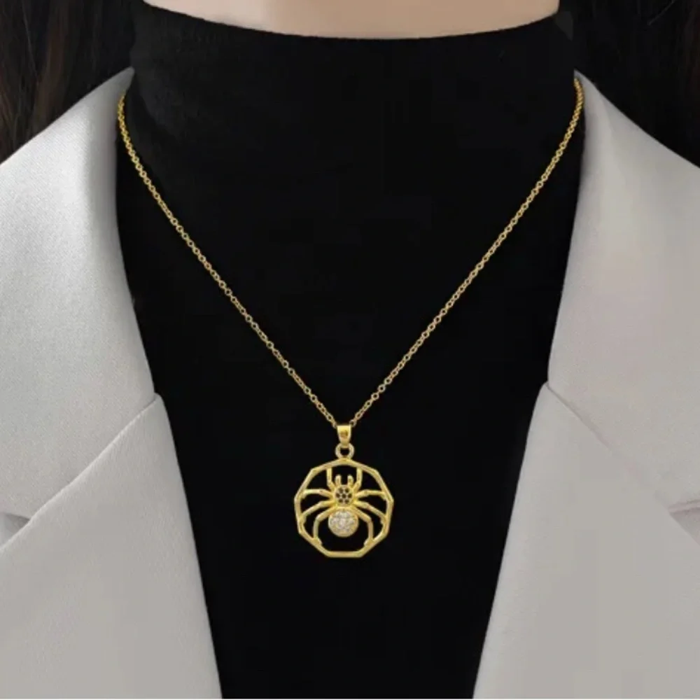 18K Gold Spider In Geometrically Frame Pave Diamond Accents Goth Punk Witchy - Picture 4 of 7